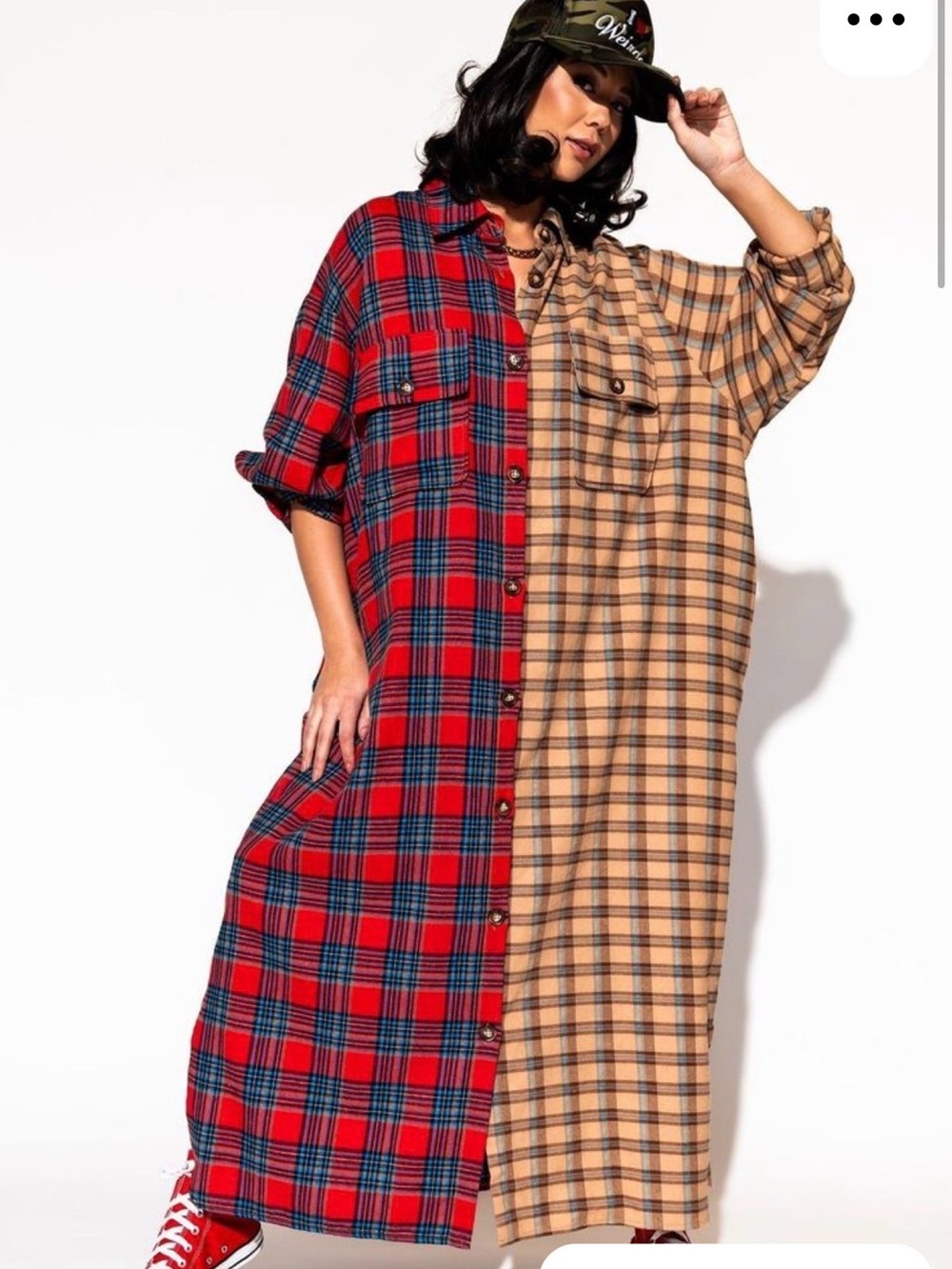 Dressed in LALA Two-Tone Plaid Button-Up Dress — Red & Tan